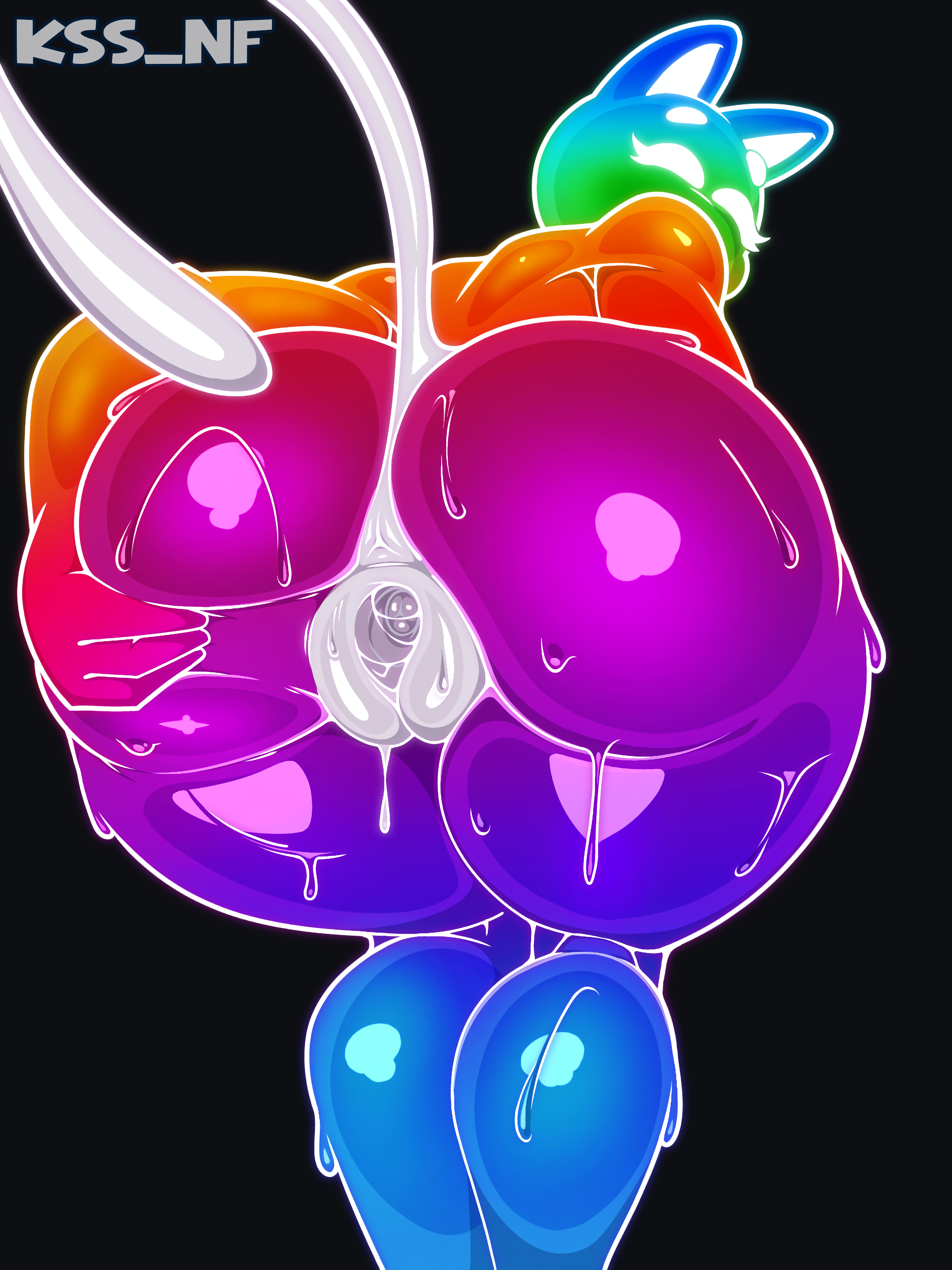 2025, 2d, 2d (artwork), anthro, ass, back view, big ass, cat girl, eyebrows, feline, female, furry, gaping pussy, glistening, glistening body, grabbing, grabbing ass, groping ass, kneeling, kss nf, large ass, looking at viewer, multicolored body, multicolored fur, naked, naked female, nude, nude female, pussy, pussy juice, rainbow (sadflowerhappy), sweat, vagina, vaginal, vaginal sex