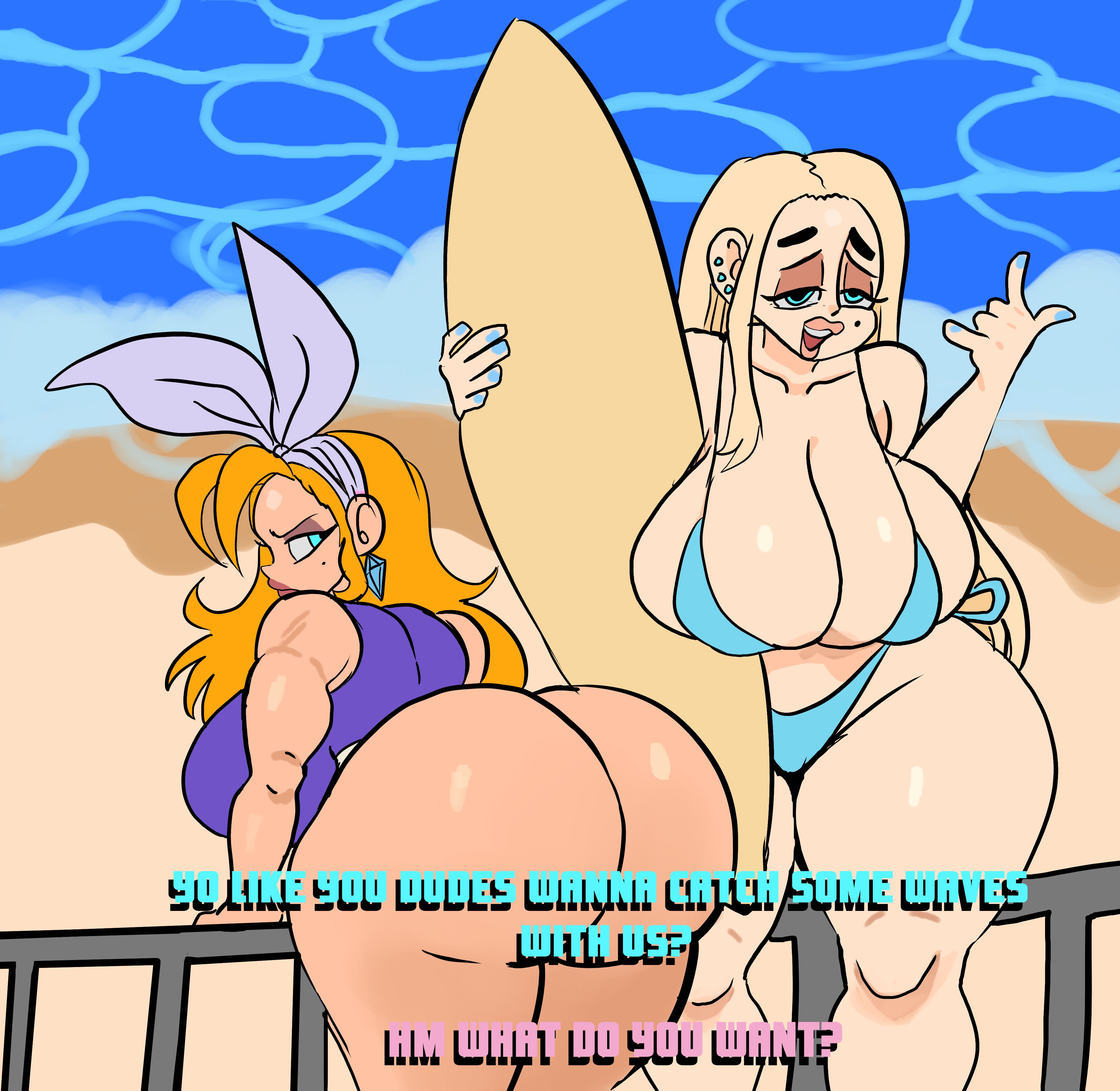 2girls, absurd res, absurd resolution, absurdres, alternate version available, arched back, ass, bandana, bare shoulders, beach, beauty mark, bent over, big ass, big breasts, big butt, bikini, bikini bottom, bikini top, blonde hair, blue eyes, blue nail polish, blue nails, breasts, bubble ass, bubble butt, busty, cleavage, curvaceous, curvy, curvy female, curvy figure, day, daytime, dialogue, diamond earrings, duo, duo focus, ear piercing, ear piercings, earrings, emily (lemonadepikachu), english text, evelyn (lemonadepikachu), fat ass, female, female focus, female only, hi res, high resolution, highres, huge ass, huge breasts, huge butt, jewelry, large ass, large breasts, leaning forward, lemonadepikachu, light skin, light-skinned female, long hair, mole, mole under eye, nail polish, oc, oc only, original, original character, original characters, outdoors, outside, painted nails, pierced ears, piercing, piercings, rock on hand sign, surfboard, tagme, text, thick ass, thick thighs, thighs, voluptuous, voluptuous female, water