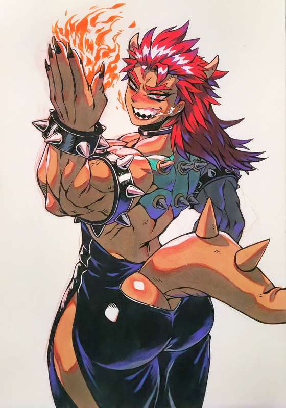 1girls ass black_dress bowser bowsette bracelet dress fire genderswap genderswap_(mtf) girin horns mario_(series) muscular muscular_female nintendo red_hair rule_63 sharp_nails sharp_teeth shell spiked_bracelet tail