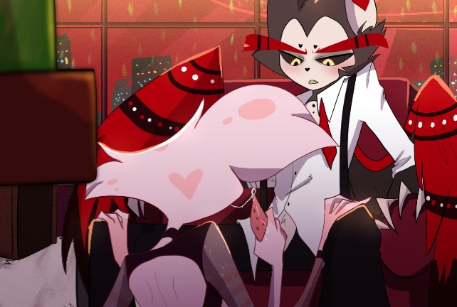 2boys angel_dust_(hazbin_hotel) blowjob blush cock detailed_background furry hand_on_penis hand_on_thigh hazbin_hotel husk_(hazbin_hotel) penis saliva saliva_string saliva_trail tagme wings