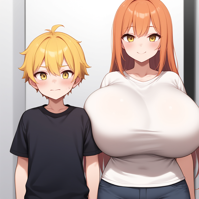 blonde_hair blush brother_and_sister huge_breasts incest orange_hair shy walking