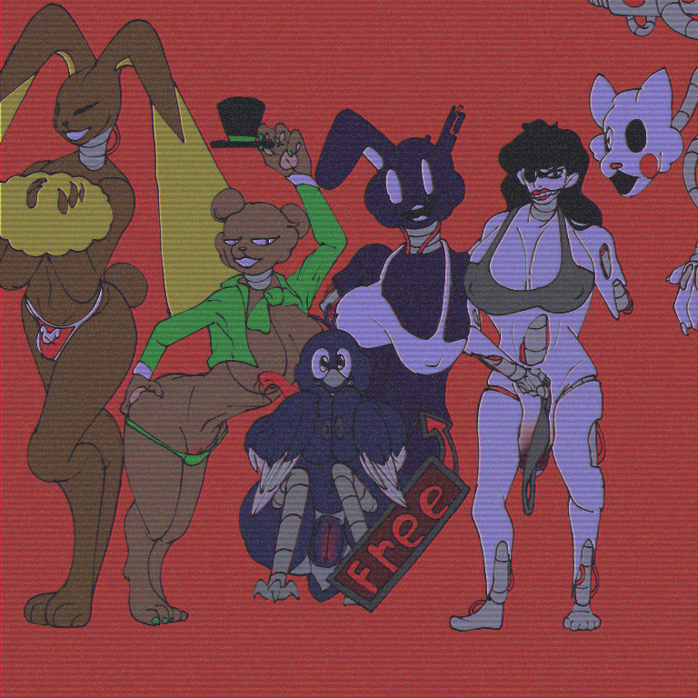 big_breasts black_fur brown_fur bulge green_clothing half-closed_eyes half-dressed half_naked lopunny mangle_(fnaf) popgoes shadow_bonnie white_eyes white_fur white_shirt