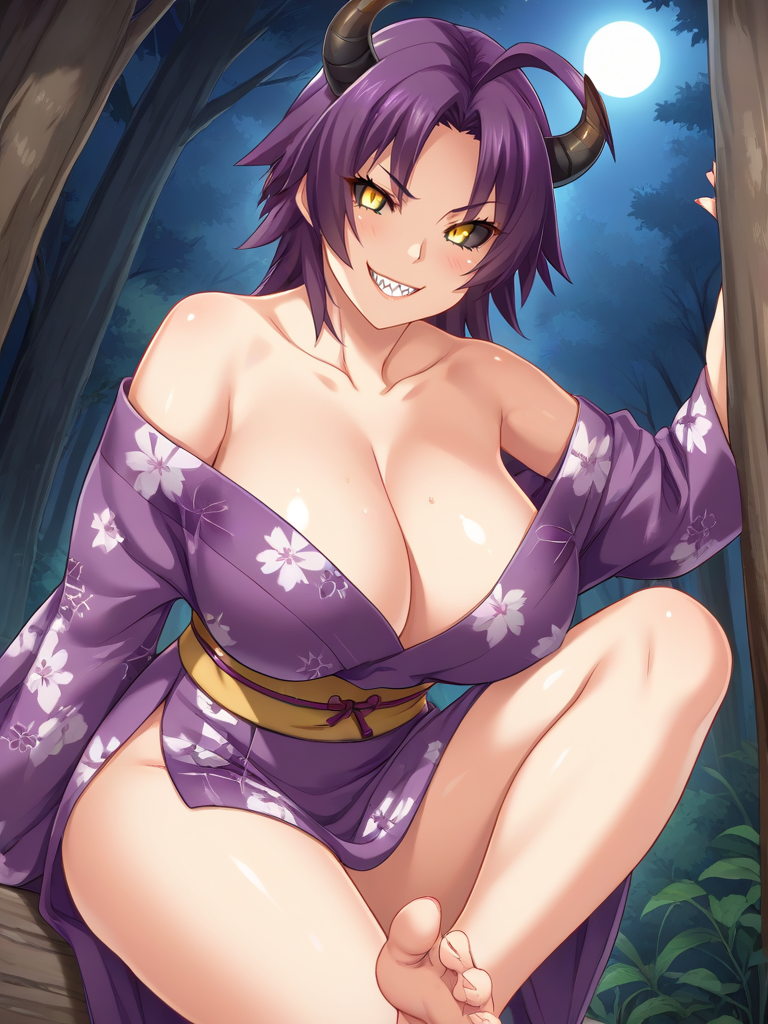 ahoge ai_generated ass azuma_marina bare_shoulders big_ass big_breasts black_sclera breasts cleavage demon demon_girl female forest glowing_eyes grin huge_ass huge_breasts isogil kashidashi_tsuma_marina_no_"netorase"_houkoku_binkan_tsuma_to_zetsurin_daigakusei kimono night night_sky purple_hair purple_kimono seductive sexy_pose sharp_teeth shiny_skin short_hair smile thick_thighs thighs tree yellow_eyes