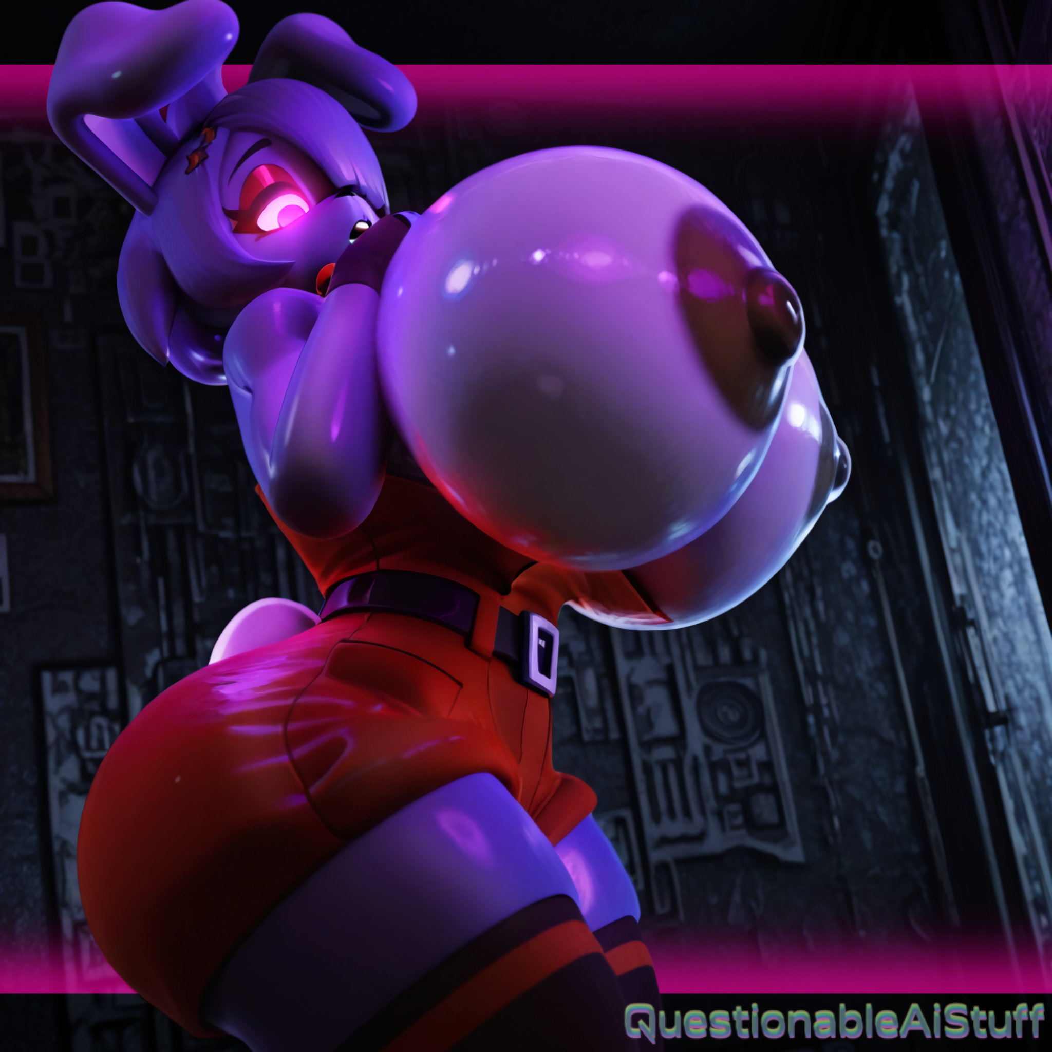 ai generated, big breasts, bonfie, bonfie (cryptia), bonfie (cryptiacurves), breast expansion, breasts, breasts bigger than head, breasts bigger than torso, breasts exposed, breasts out, breasts out of clothes, bunny ears, bunny girl, bunny tail, confused, confused look, enormous ass, eyelashes, five nights at freddy's, fredina's nightclub, furry, furry female, furry only, huge breasts, large breasts, looking at own breasts, nipples, nipples outside, purple eyes, questionableaistuff