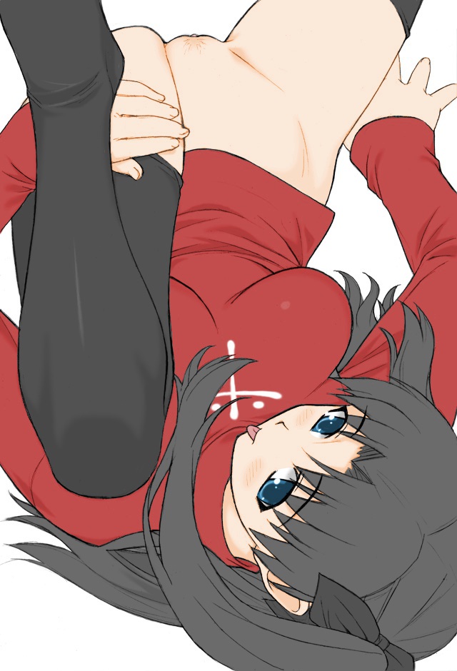 bottomless fate/stay_night fate_(series) pussy shichimenchou spread_legs thighhighs tohsaka_rin turtleneck uncensored