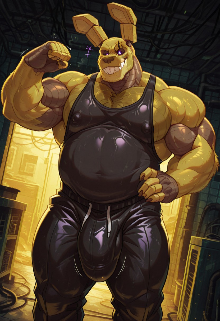 1boy ai_generated big_bulge black_clothing bulge chest_tuft civitai confident dad_bod five_nights_at_freddy's five_nights_at_freddy's_3 flexing flexing_bicep hand_on_hip male male_only muscular muscular_male rabbit rabbit_humanoid smiling solo solo_male springtrap springtrap_(e-zoid) springtrap_(fnaf) steam steam_clouds sweat sweatpants sweaty tank_top trembling trembling_penis