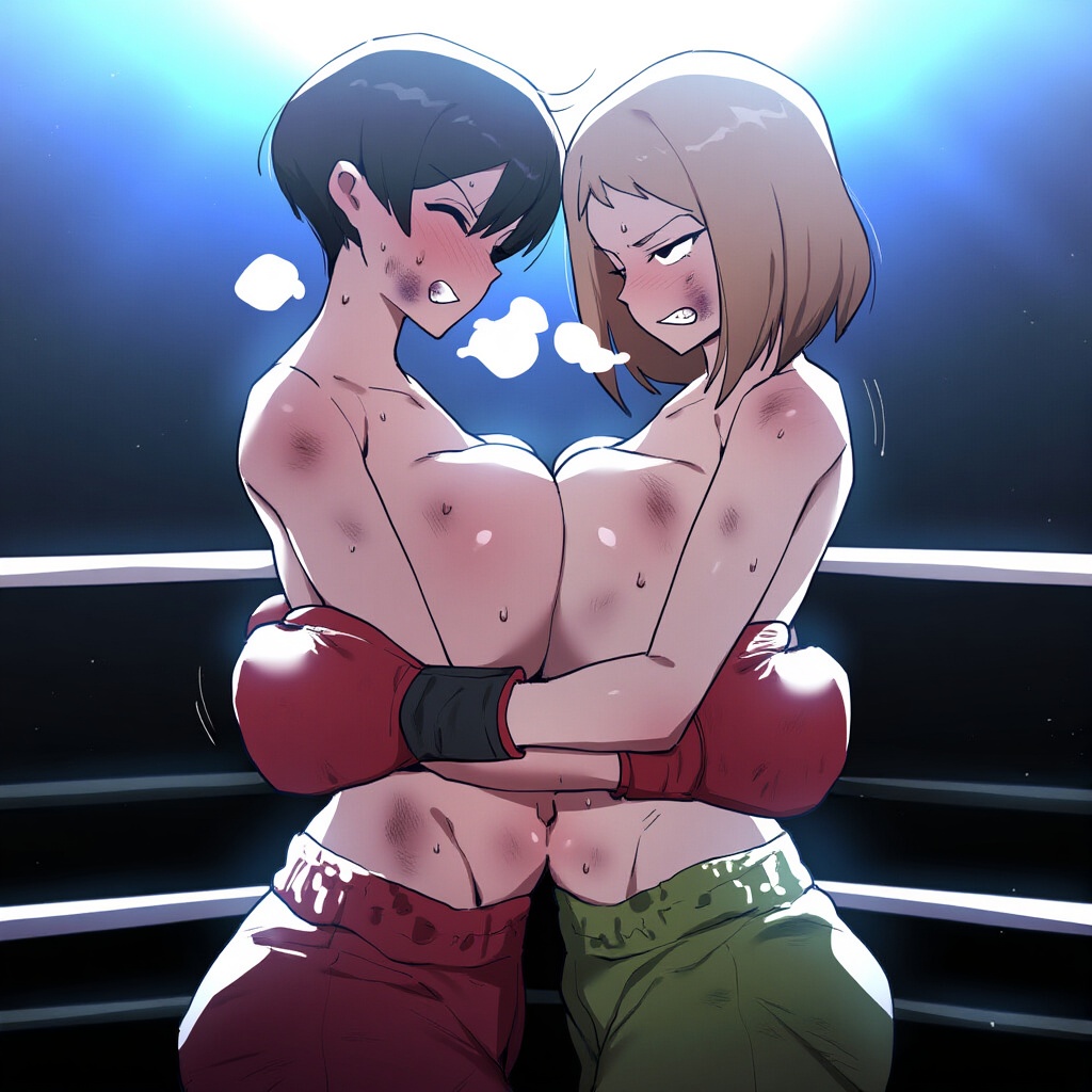 ai_generated boxers boxing_gloves boxing_ring breasts breasts_pressed_against_partner bruise catfight long_hair looking_at_another short_hair staredown topless yuri