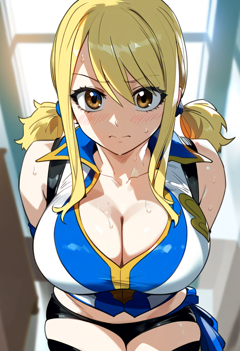 ai_generated big_breasts blonde_hair blue_eyes fairy_tail flustered lucy_heartfilia novelai orionxesy skin_tight thick_thighs twintails