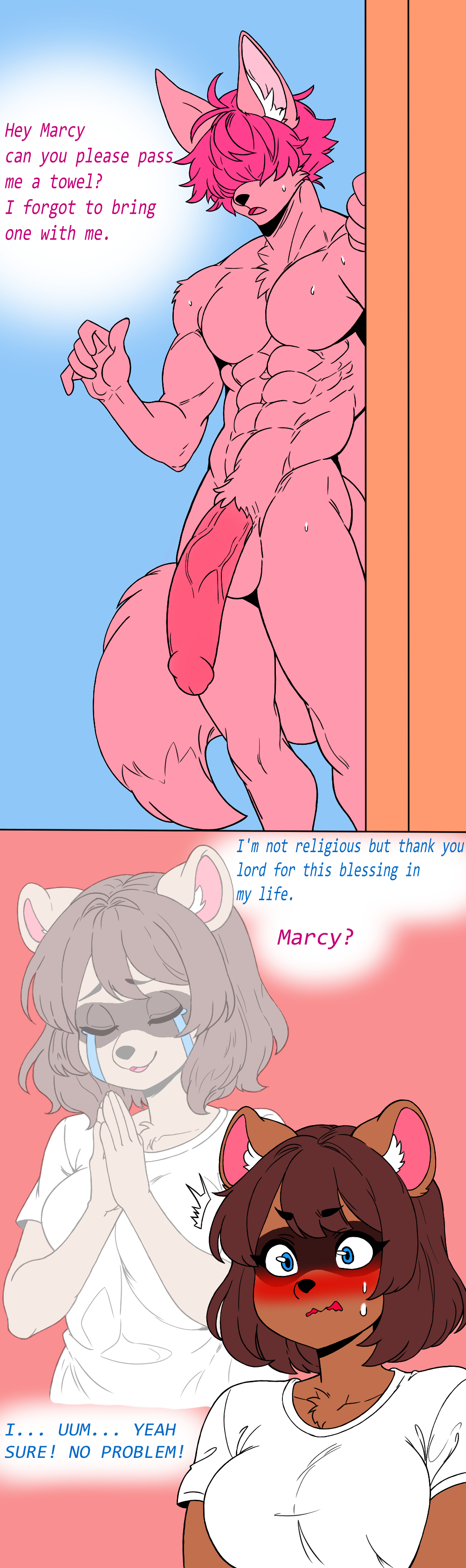 absurd_res anthro balls big_penis blue_eyes blush bodily_fluids brown_body brown_hair canid canine crying digital_media_(artwork) duo english_text female flaccid fokkuzu fox fur genitals hair happy hi_res male male/female mammal marceline_(fokkuzu) morgan_(fokkuzu) nervous nude open_mouth penis pink_body pink_hair praise praying procyonid question raccoon romantic romantic_couple shocked simple_background smile surprised_expression tail tears tears_of_joy text wet