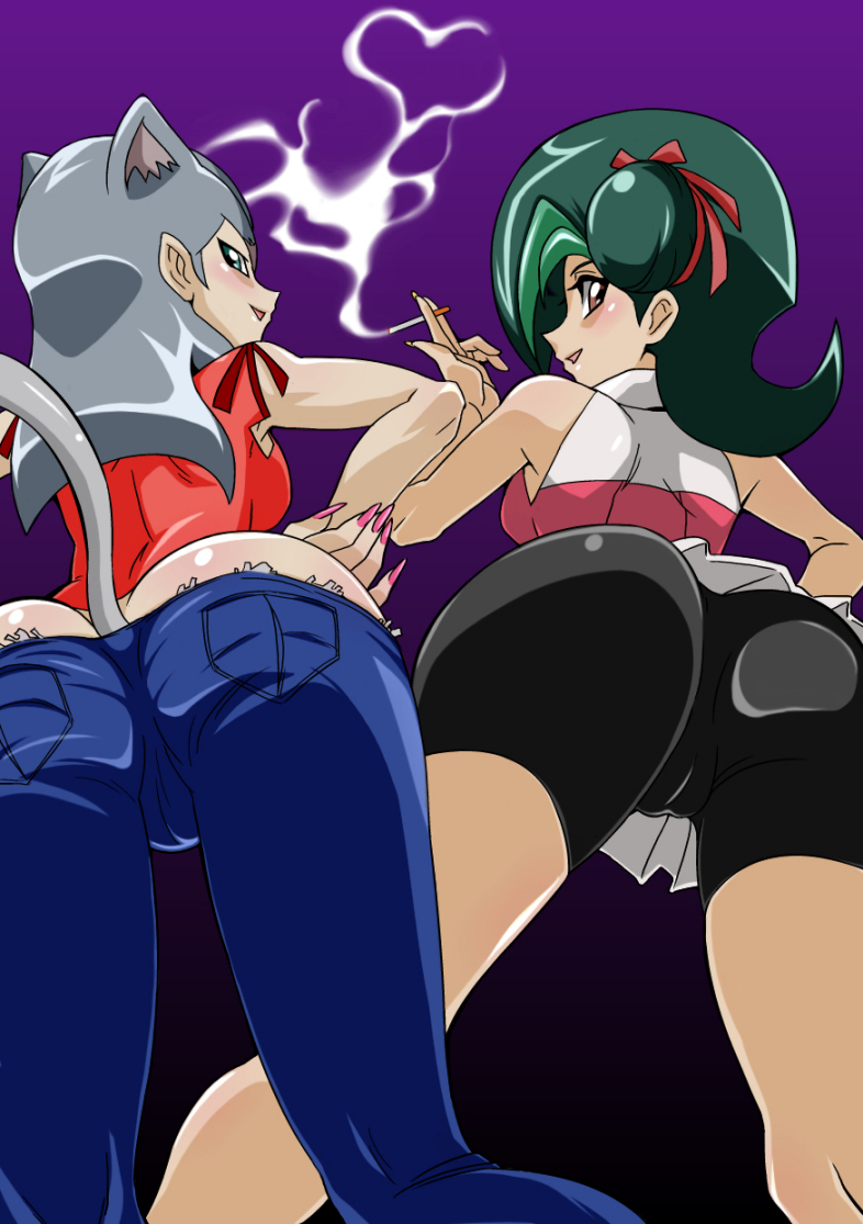 2girls animal_ears ass blush cameltoe cat_ears cat_tail cathy_(yu-gi-oh!_zexal) cigarette kotori_mizuki looking_back multiple_girls smoke smoking straw_(artist) tail tori_meadows yu-gi-oh! yu-gi-oh!_zexal