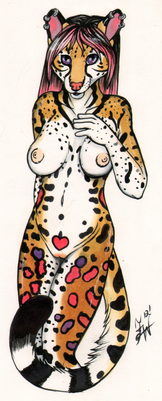 2012 anthro blackfrost breasts ear_piercing feline female fur furry heart nude ocelot piercing purple_eyes pussy solo standing