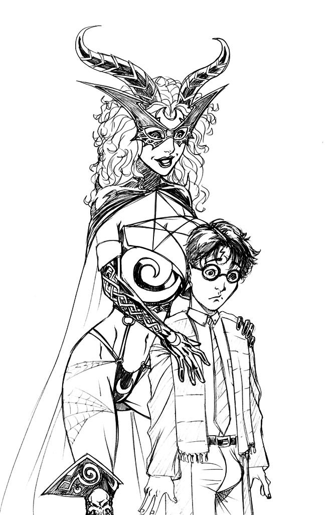 1boy 1girls crossover deuce female harry_james_potter harry_potter huge_breasts human human_only male monochrome small_but_hung straight tarot:_witch_of_the_black_rose tarot_(character)