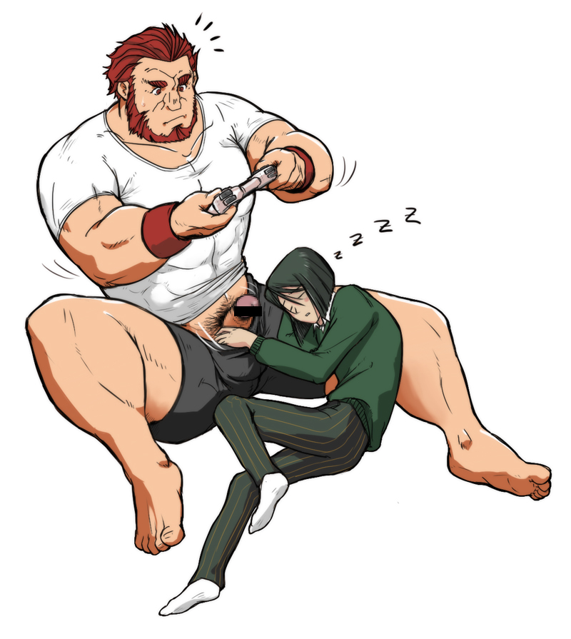 2boys boner brown_hair censor_bar censored erection fate/zero fate_(series) gay green_hair head_on_leg holding_penis iskandar_(fate) large_penis male male_only mosaic_censoring penis_out pointless_censoring rider shorts_down sleeping socks spread_legs t-shirt tagme underwear_only video_game_controller waver_velvet wristbands yaoi