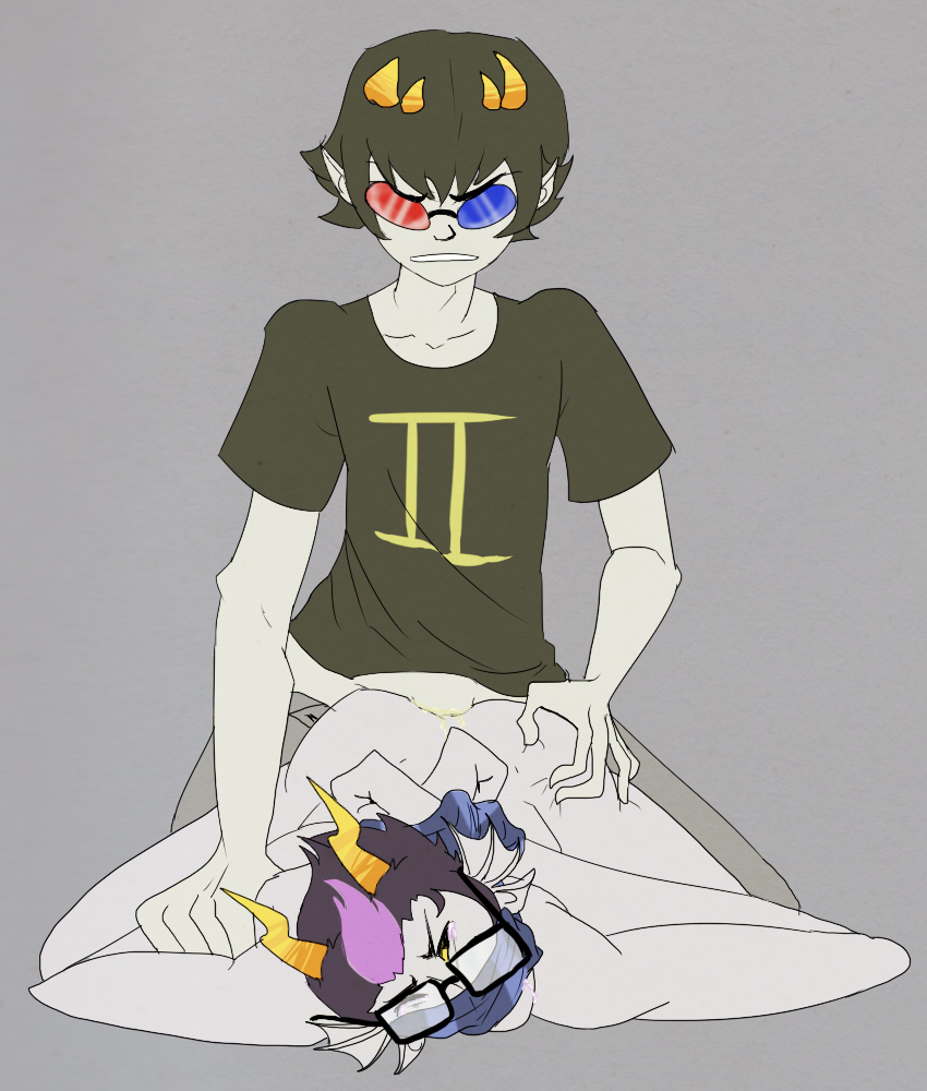 2boys anal_sex ass_grab black_hair bound_wrists eridan_ampora fins gay glasses grey_background grey_skin homestuck horns male_only ms_paint_adventures penis pointy_ears purple_hair scarf short_hair sollux_captor troll two_tone_hair yellow_sclera