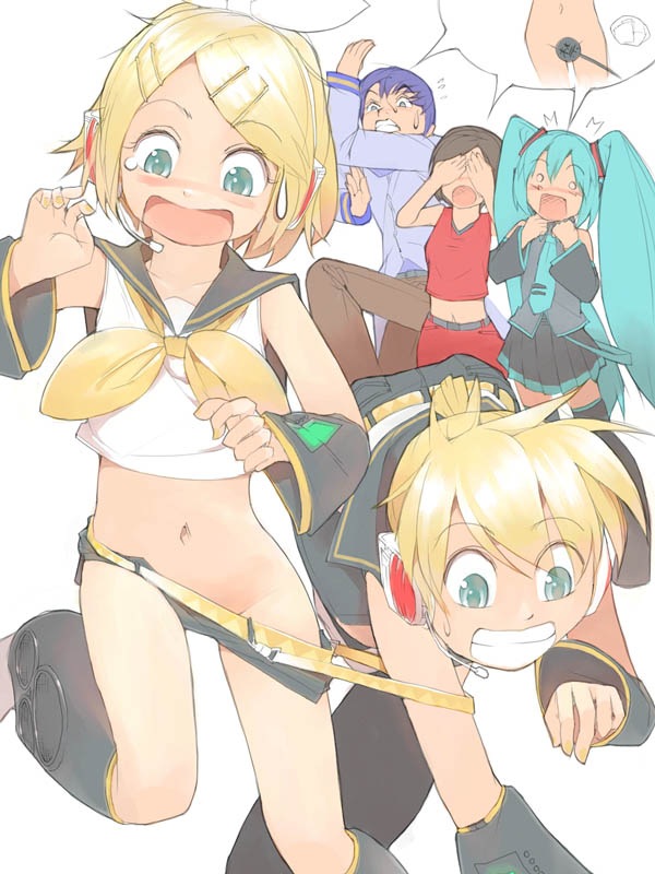 akimbo_(artist) assisted_exposure beige_skin blonde_hair blue_hair blush brown_hair censored clenched_teeth color enf female flat_chest group hatsune_miku human humor kagamine_len kagamine_rin kaito_(vocaloid) long_hair male meiko open_eyes open_mouth pantsing short_hair standing tears tied_hair twintails undressing vocaloid white_background