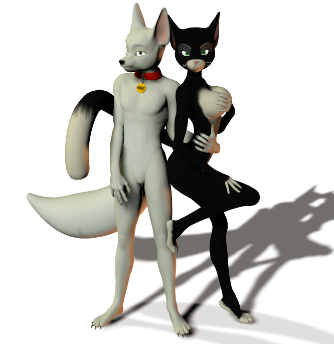 1boy 1girls 3d anthro black_fur body_fur bolt_(character) bolt_(film) breasts canine cat clear_background color disney dog exposed_breasts feline female furry furry_breasts hand_on_breast interspecies male mittens mittens_(bolt) standing toony unrealfox white_fur