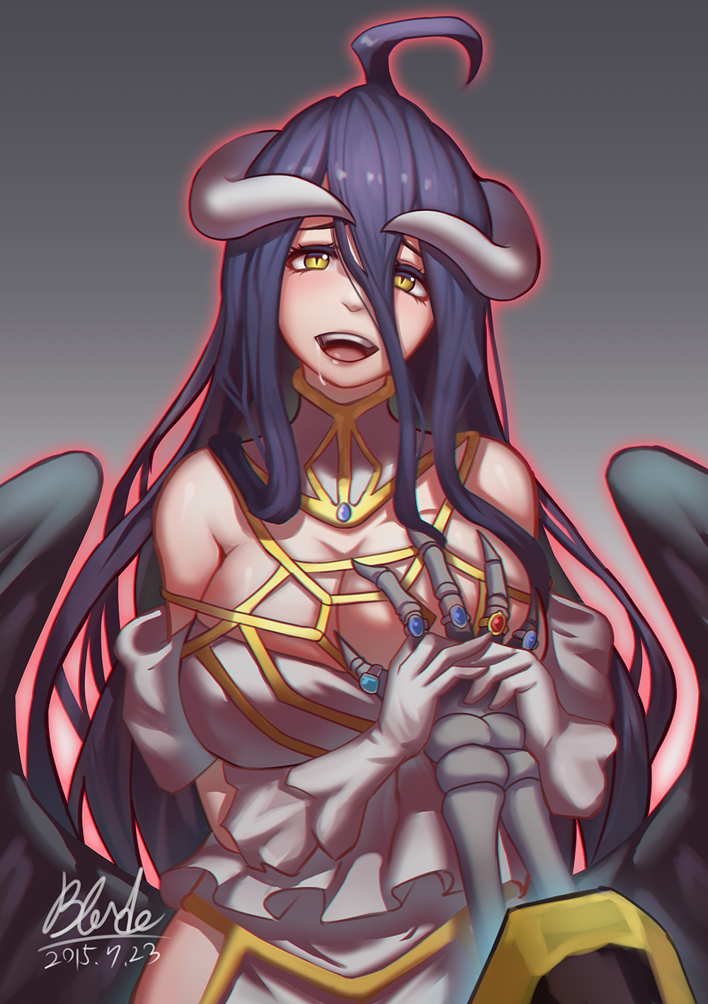 1boy, 1girls, 2015, ainz ooal gown, albedo (overlord), breast grab, breasts, female, horns, large breasts, long hair, male, overlord (maruyama), purple hair, tagme, very long hair, wings, yellow eyes