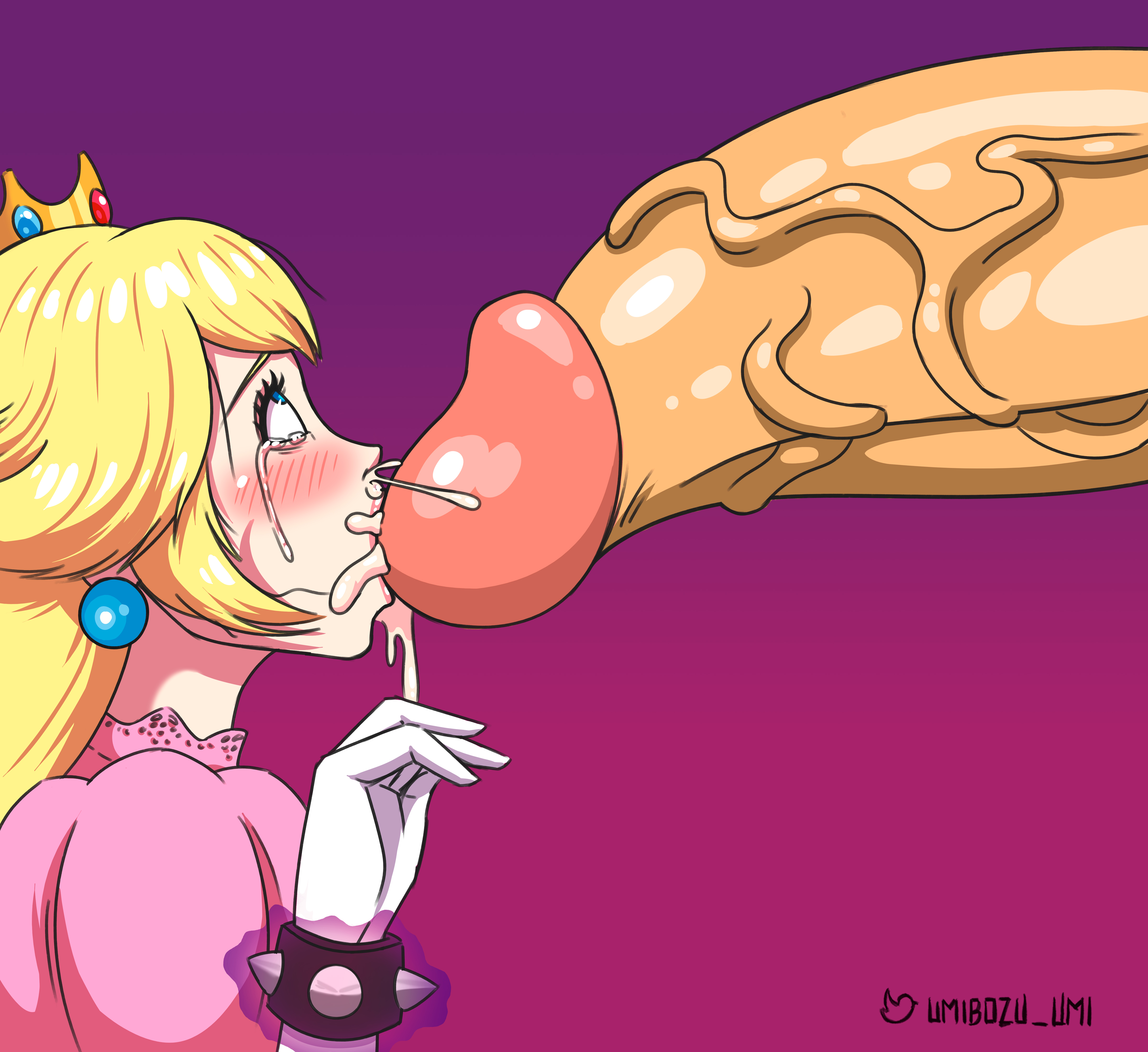 :>=, 1boy, 1girls, blowjob, blush, bowser, cum in mouth, cum out nose, face fucking, female, forced, huge cock, male, mario (series), oral, penis, princess peach, simple background, size difference, tears of pleasure, umibozu umi, unseen male face