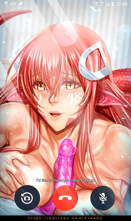 breasts cellphone cellphone_display dildo female hair krabby_(artist) lamia large_breasts miia_(monster_musume) monster_girl monster_musume_no_iru_nichijou patreon patreon_reward patreon_username pointy_chin red_hair ring scales tail