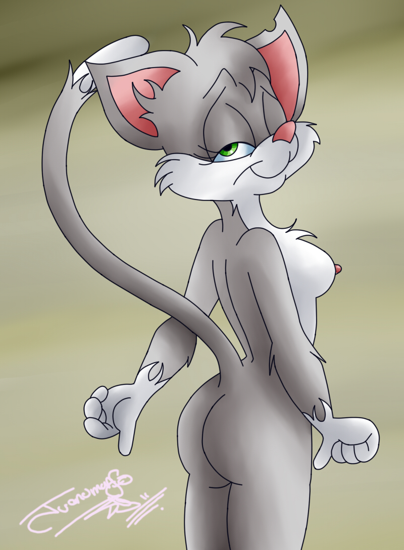 2011 animaniacs anthro anthrofied ass breasts cat color feline female female_only fur furry green_eyes grey_fur juanomorfo nipples nude rita_(animaniacs) rita_and_runt side_view solo tagme white_fur