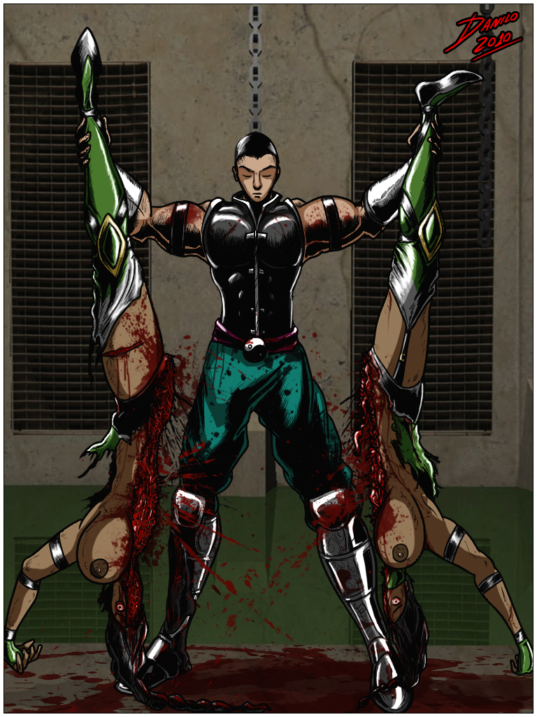 2010 bisected black_hair bleeding blood blood_stain bloody_clothes breasts clothes color danilo death defeated exposed_breasts eyes fatality female female_death front_view gore guro hair human incision indoors injury jade_(mortal_kombat) kung_lao long_hair male mortal_kombat netherrealm_studios open_eyes stained_clothes standing torn_clothes vertical_cut wound