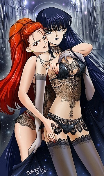 2girls artist_request bishoujo_senshi_sailor_moon black_hair bra braided_hair breasts caress cloak clothing column death_busters earrings female hotaru_tomoe kaolinite large_breasts lingerie lipstick long_hair medium_breasts mistress_9 multiple_girls pale-skinned_female pale_skin panties red_hair small_breasts stockings villainess wide_hips yuri