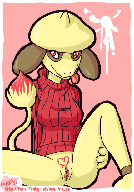 animal_ears anthro bottomless breasts clothes color female female_only front_view fur furry hat heart paint pokemon pussy rapps red_eyes sitting smeargle solo spread_legs spread_pussy tail tongue vulva