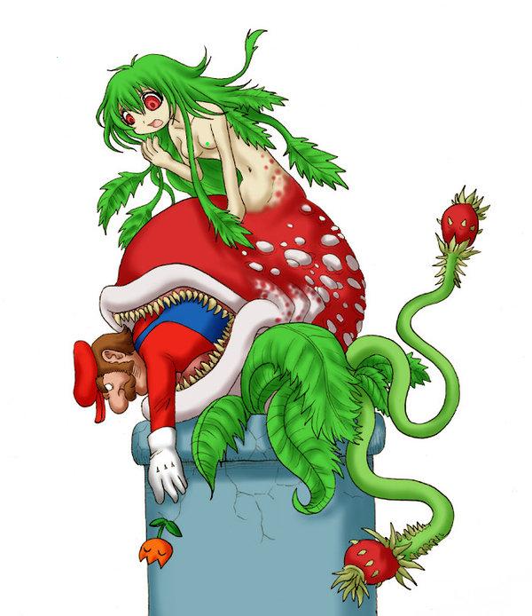 clothing fire_flower green_hair ikura-maru mario mario_(series) monster_girl nintendo personification piranha_plant plant_girl plant_vore red_eyes super_mario_bros. vore warp_pipe