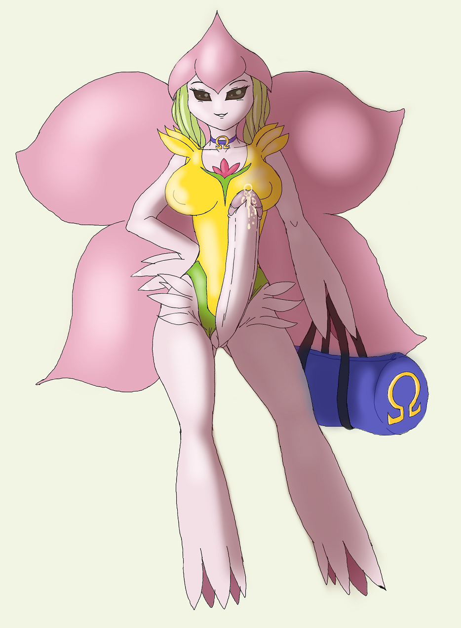 1futa 4_wings bag breasts brown_eyes choker clothes color dark-moltres digimon digimon_(species) erection fairy fairy_wings flower_petals front_view futa_only futanari green_hair hair hand_on_hip holding intersex lilamon looking_at_viewer open_eyes penis petal_wings petals pink_skin plant precum pussy solo solo_futa standing vulva wings