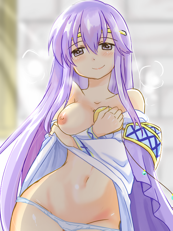 blush breasts female fire_emblem fire_emblem:_genealogy_of_the_holy_war julia_(crusader_of_light)_(fire_emblem) julia_(fire_emblem) long_hair looking_at_viewer medium_breasts nipples purple_eyes purple_hair robe smile underwear white_dress yukia_(firstaid0)