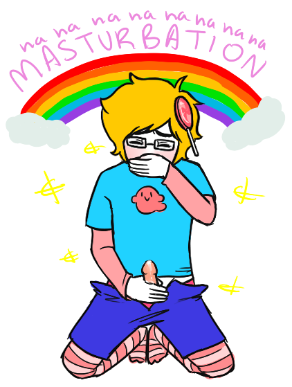 1boy blonde_hair blush closed_eyes clothing covering_mouth glasses homestuck john_egbert lollipop masturbation ms_paint_adventures penis precum short_hair solo text trickster_mode white_background white_skin