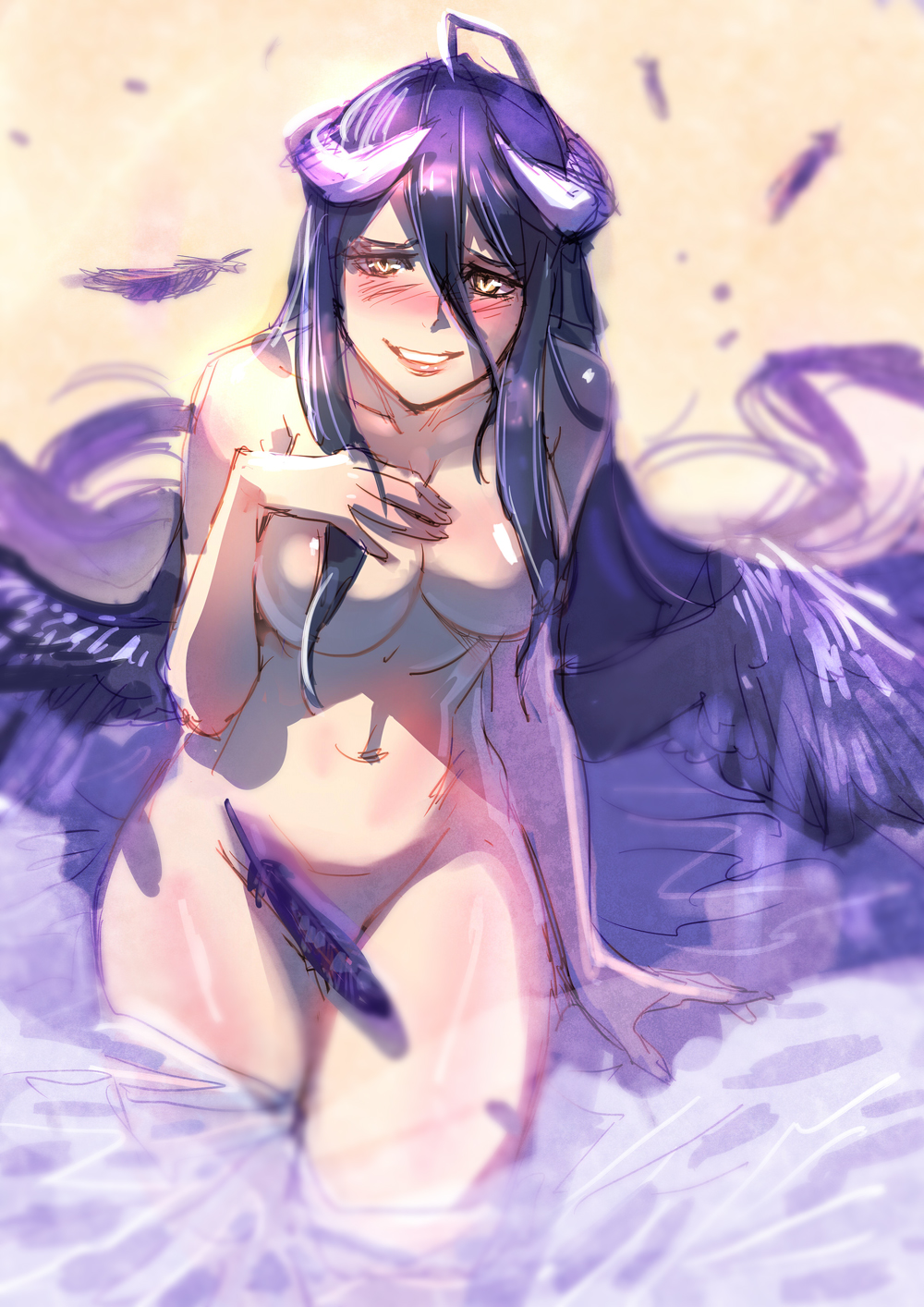 1girls, albedo (overlord), blush, drawn, female, female only, horns, navel, nude, overlord (maruyama), solo, tagme, wings