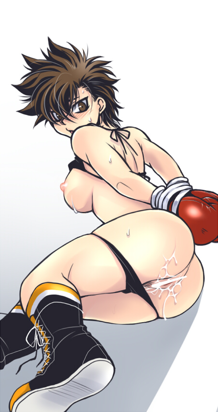 1girls ass back backboob bikini black_bikini blush boots boxing boxing_gloves bra_lift brown_eyes brown_hair censored cum erect_nipples female female_only footwear gloves hajime_no_ippo light-skinned_female light_skin looking_back nipples pale-skinned_female pale_skin pants_down pussy pussy_juice red_boxing_gloves red_gloves rule_63 shoes short_hair simple_background solo sweat tagme takeshi_sendo thick thick_thighs thighs tied_up vagina wide_hips