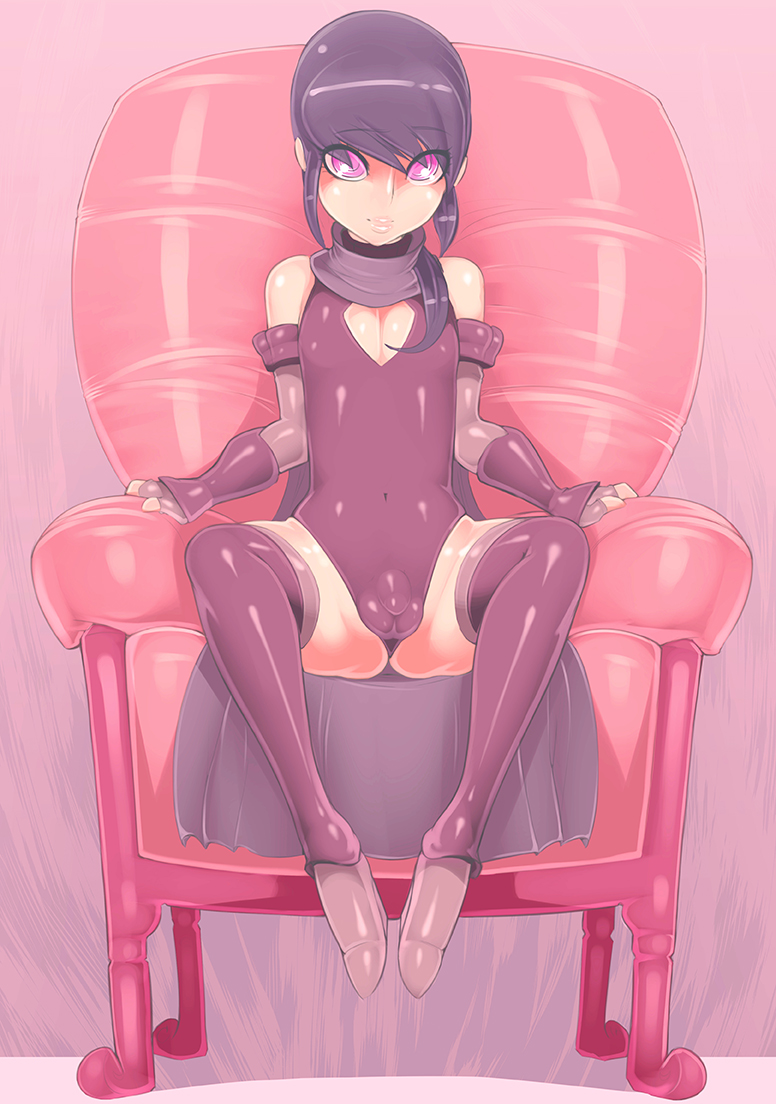 1boy, androgynous, balls, cape, chair, cleavage cutout, femboy, flaccid, girly, looking at viewer, male, male only, necrosmos, penis, penis under clothes, sitting, skin tight, spread legs, testicles, thighhighs, throne, tight clothes, trap