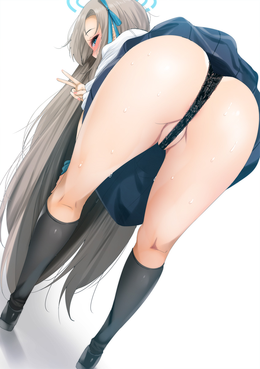 1girls, ass, asuna (blue archive), bending over, blonde hair, blue archive, blue eyes, breasts, female, fumihiko (pixiv2658856), hair over one eye, large ass, light skin, light-skinned female, long hair, long legs, panties, school uniform, schoolgirl