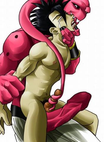 black_hair color dominant_villain dragon_ball dragon_ball_z gay hair interspecies large_penis majin_buu male male_only multiple_males nipples nude penis penis_size_difference pink_skin pink_tentacles pl_nunn restrained son_gohan tear tentacle_on_male yaoi