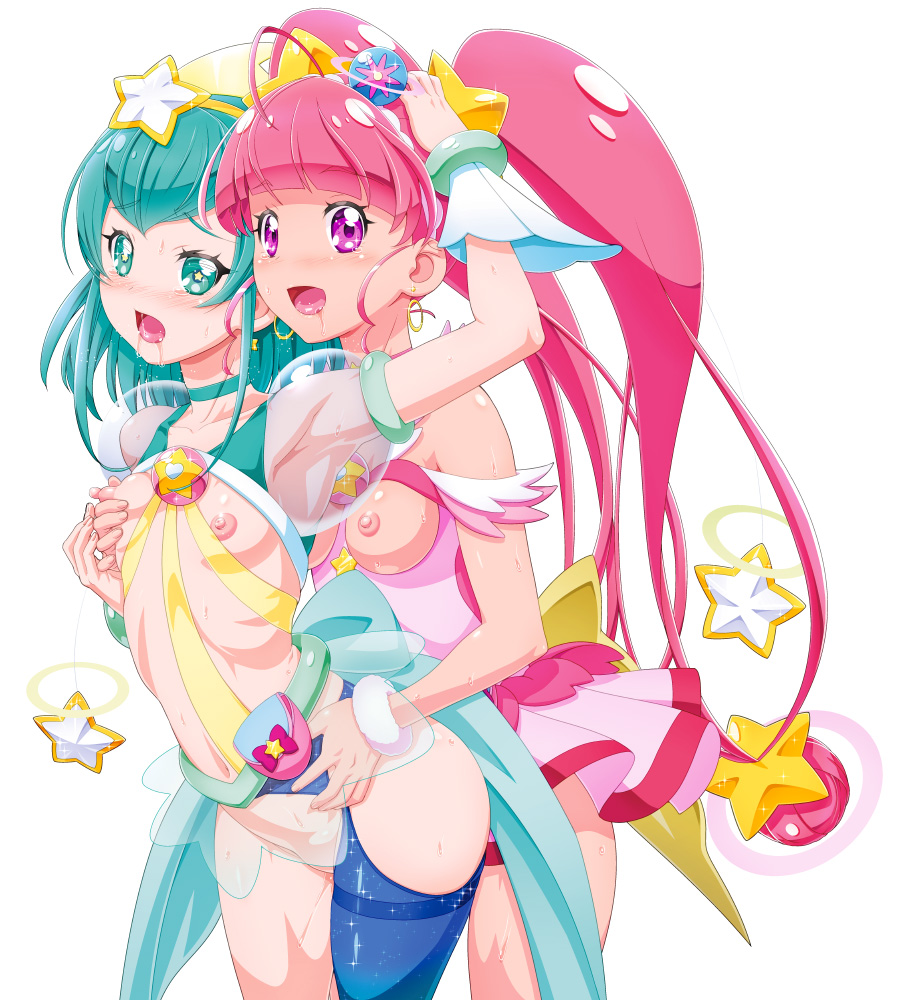 2girls ahoge armpits bangs blue_eyes blue_hair blue_legwear blunt_bangs blush breast_grab breasts clothing cure_milky cure_star earrings eyebrows_visible_through_hair flat_chest frilled_skirt frills grabbing hagoromo_lala hoshina_hikaru implied_futanari jewelry kousaka_jun long_hair looking_at_viewer magical_girl medium_breasts multiple_girls nipples open_mouth pink_eyes pink_hair pink_skirt precure pretty_cure saliva short_hair simple_background single_thighhigh skirt small_breasts standing star star-shaped_pupils star_earrings star_twinkle_precure stockings sweat symbol-shaped_pupils thighhighs twintails white_background yellow_earrings yuri