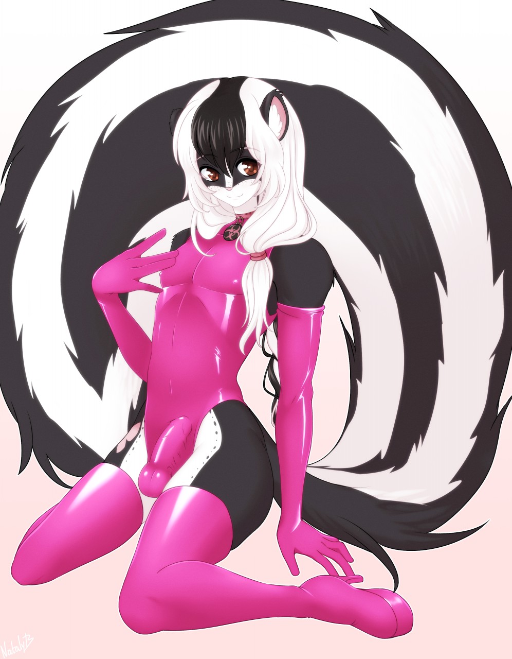 2015 anthro balls black_fur black_hair boots braided_hair brown_eyes clothing erection footwear fur girly hair humanoid_penis long_hair looking_at_viewer male male_only mammal multicolored_hair nataly-b penis rubber scynt simple_background sitting skunk smile solo solo_male suit white_fur white_hair