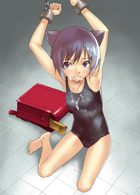 1girls animal_ear arcana_heart armpits astroguy2 backpack bag barefoot black_hair bondage breasts chains cuffs cum cum_on_body cum_on_breasts cum_on_clothes cum_on_upper_body daidouji_kira facial feet female one-piece_swimsuit randoseru school_swimsuit short_hair solo swimsuit