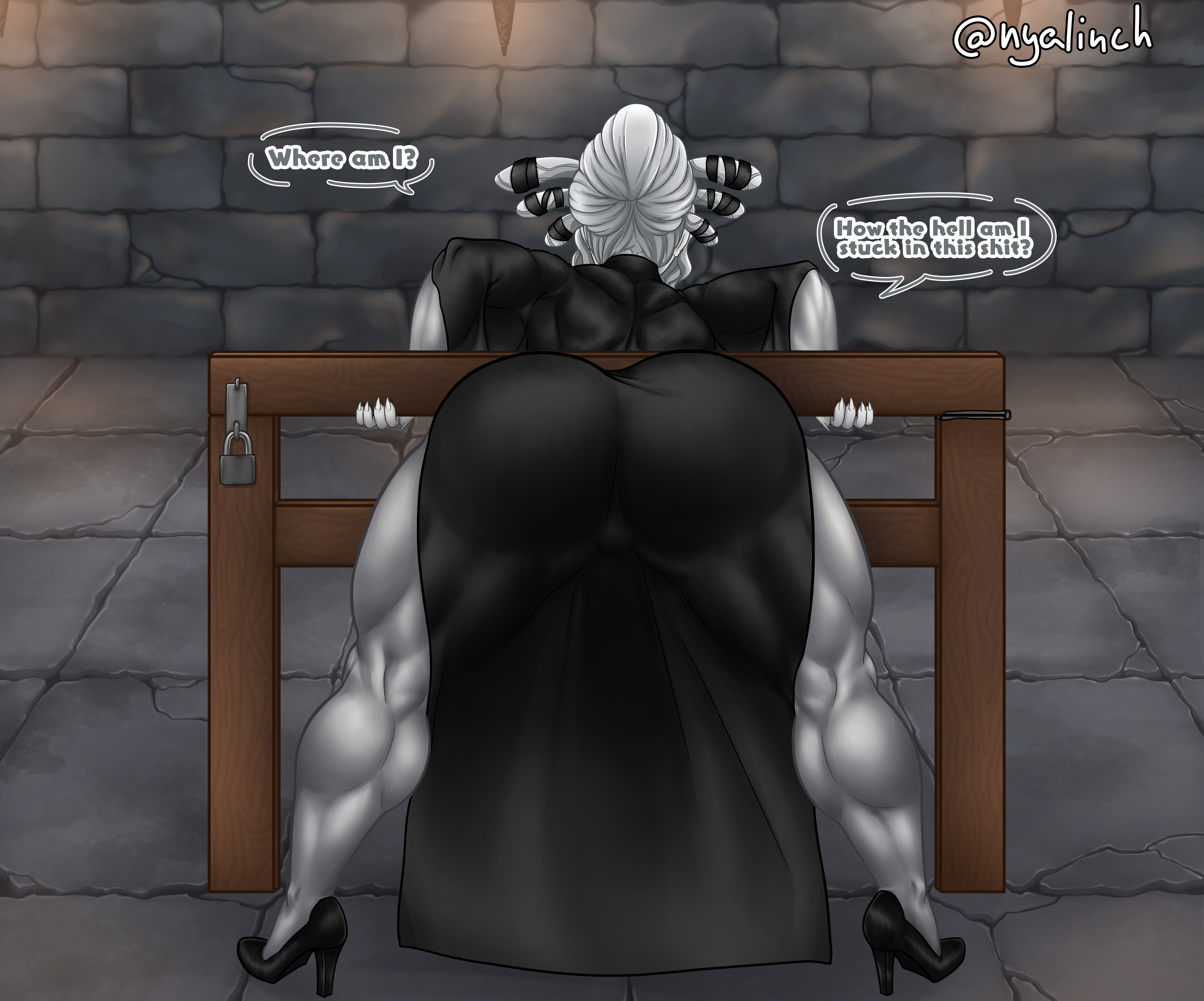 1girls, 2022, ass, ass focus, athletic, athletic female, back view, big ass, black dress, black hair, bondage, dress, english text, exposed pussy, female, femsub, full body, grey skin, grimm (rwby), high heels, huge ass, humanoid, lock, mature female, meowlinch, milf, muscular, muscular female, muscular legs, muscular thighs, open legs, paint, pale skin, pillory, pussy, rooster teeth, rwby, salem (rwby), seductive, solo, solo female, spread legs, standing, stocks, tease, teasing, text, through wall, white hair