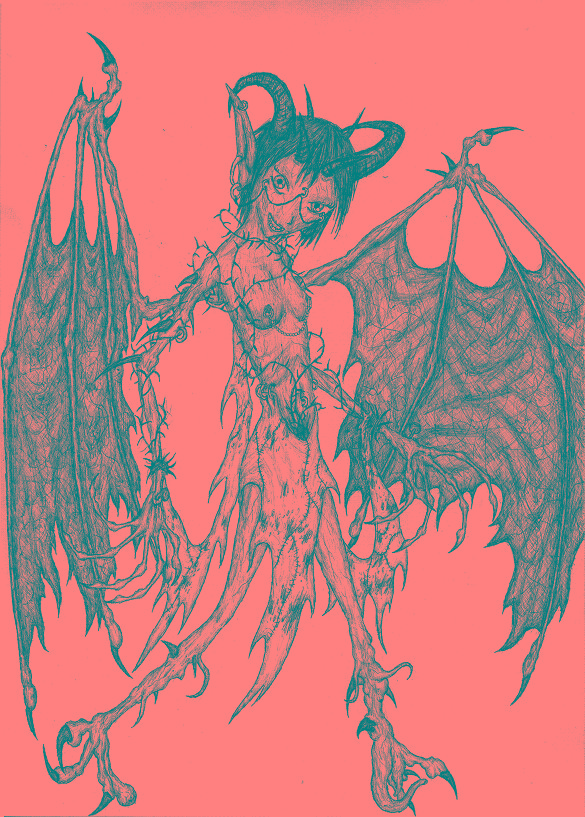 barbed_wire breasts claws copyright_request grin horns monochrome monster monster_girl thin what wings