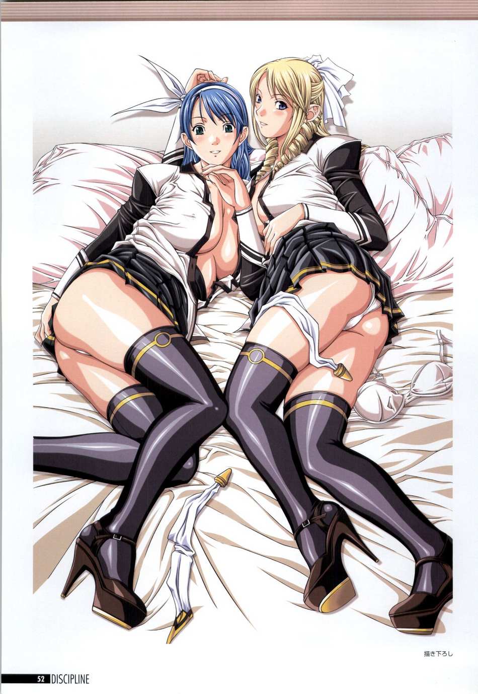 2girls ass bed blonde_hair blue_hair bra cleavage discipline:record_of_a_crusade female female_only high_heels morimoto_leona multiple_girls open_clothes otokawa_saori panties school_uniform schoolgirls sei_shoujo skirt skirt_lift smile thick_thighs thighhighs thighs thong topless upskirt