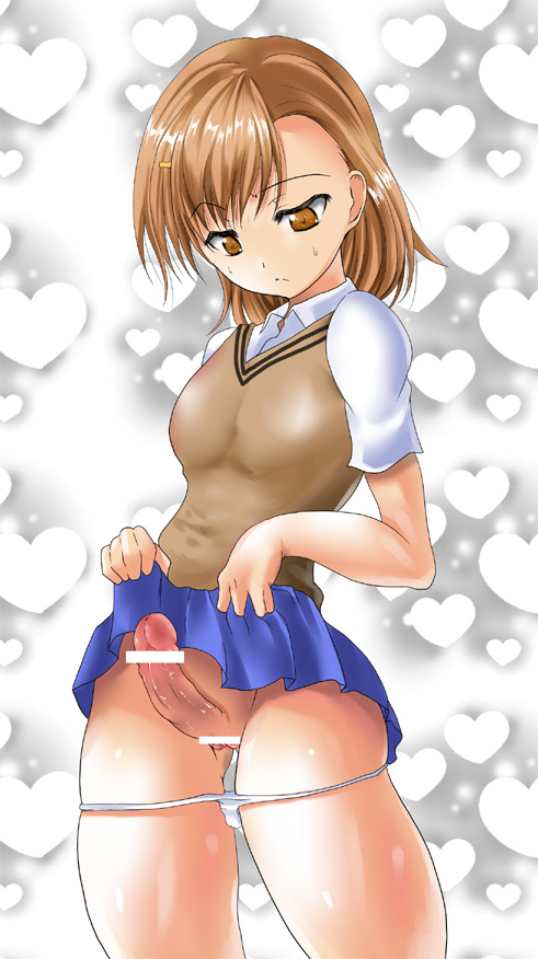 1futa brown_eyes brown_hair brunette erection futanari heart human intersex koyama_takahiro lifted_by_self lowres misaka_mikoto penis school_uniform schoolgirl skirt_lift solo tagme teenage_girl teenager to_aru_kagaku_no_railgun to_aru_majutsu_no_index tokiwadai_school_uniform young