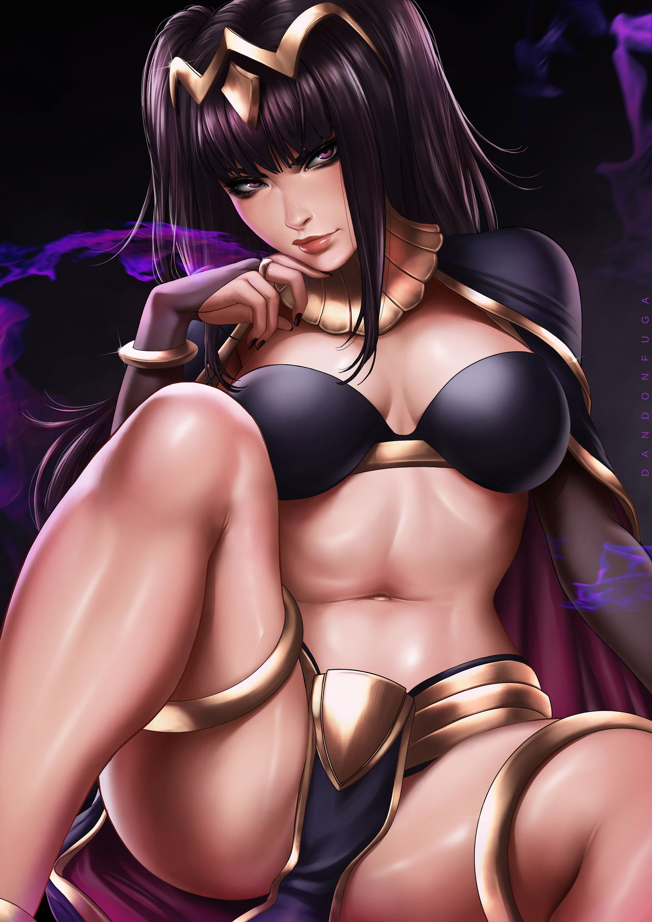 1girls, bare legs, big breasts, black hair, black nails, breasts, dandon fuga, female, female only, fire emblem, fire emblem awakening, large breasts, lips, long hair, looking at viewer, magic, medium breasts, nail polish, nintendo, pelvic curtain, purple eyes, solo, spread legs, tharja (fire emblem), thick lips, violet eyes