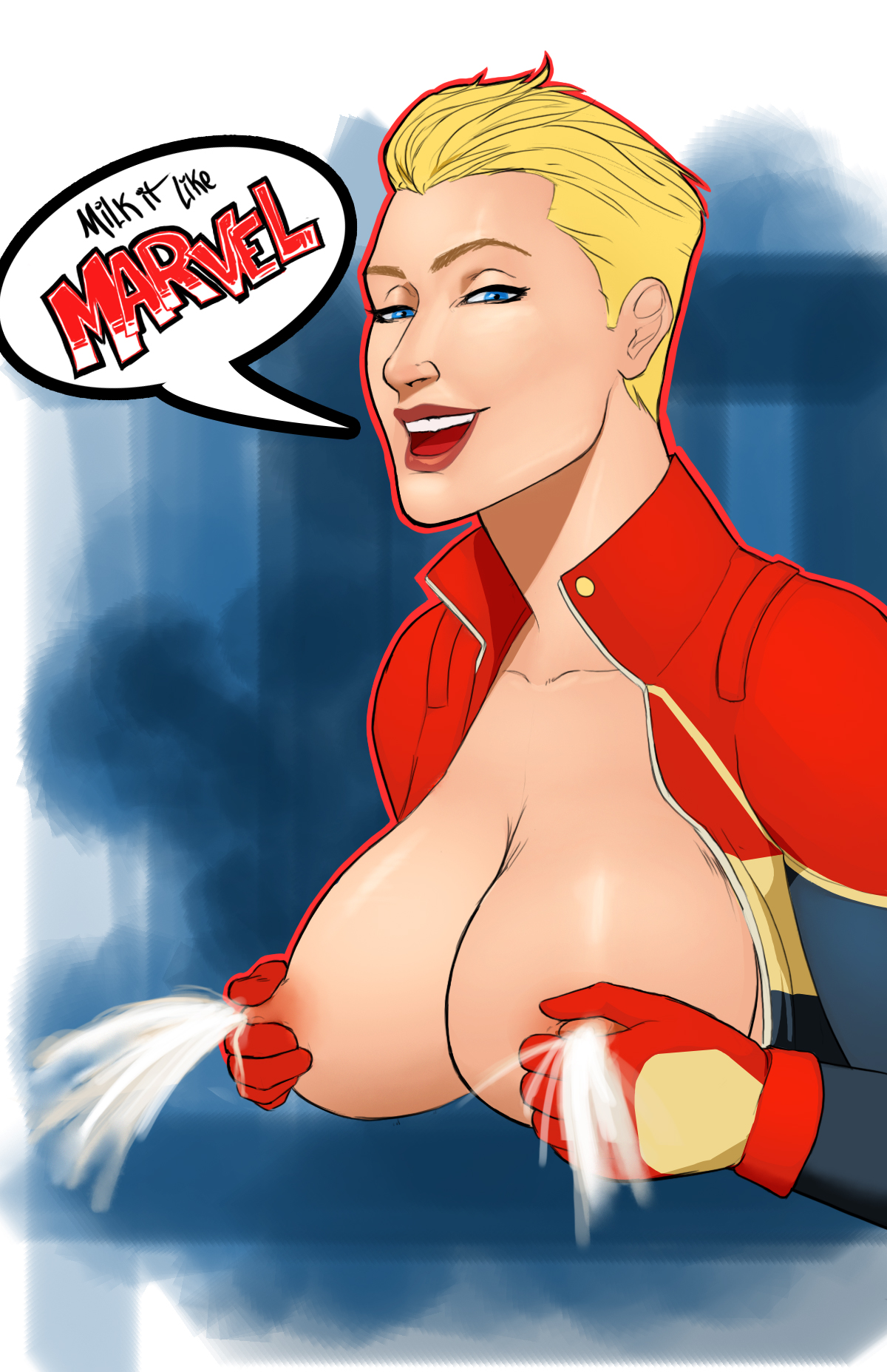 1girls, blonde hair, blue eyes, bodysuit, breasts, captain marvel, carol danvers, female, female only, gloves, lactating, lactation, large breasts, looking at viewer, marvel, marvel comics, milk, milking, naavs, short hair, solo, unzipped