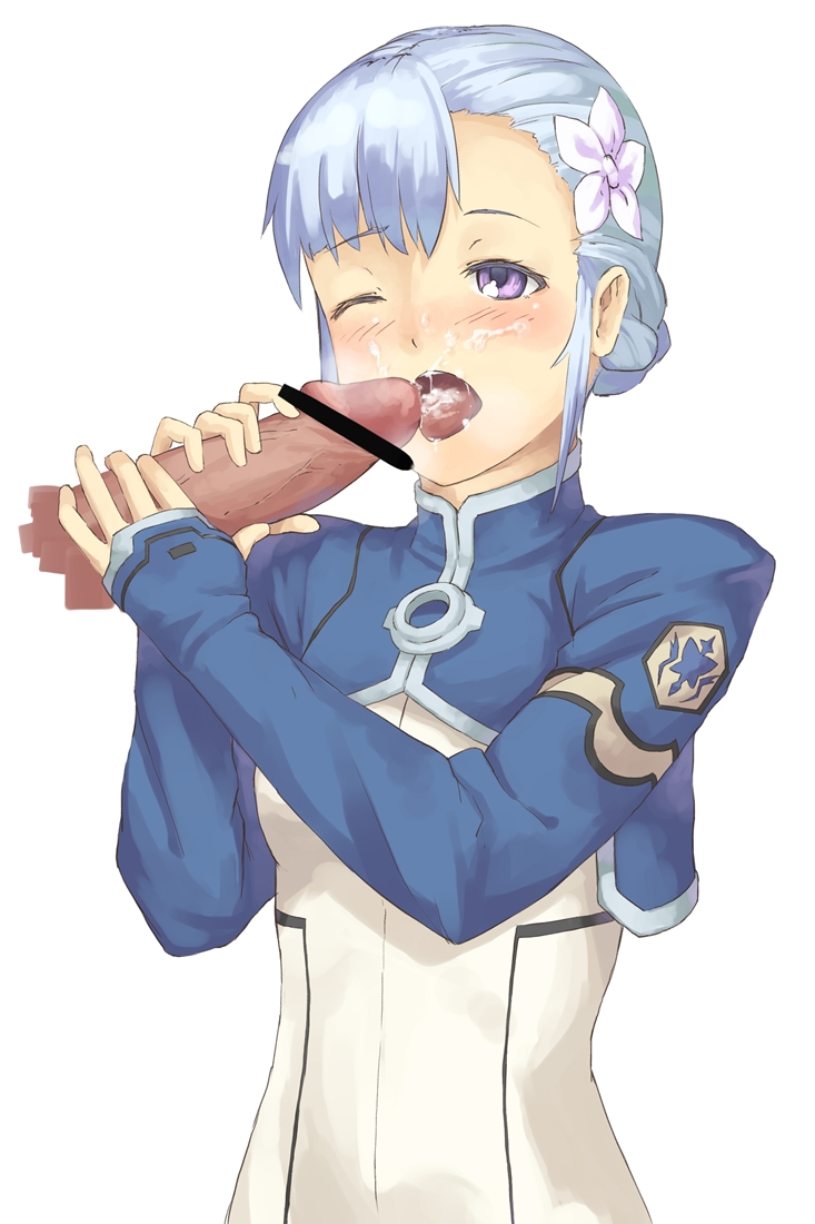 1girls blue_hair blush censored cum cum_in_mouth cum_on_face disembodied_penis fellatio fin_ay_ludo_sui_lavinty hair handjob one_eye_closed open_mouth oral penis purple_eyes rinne_no_lagrange wink