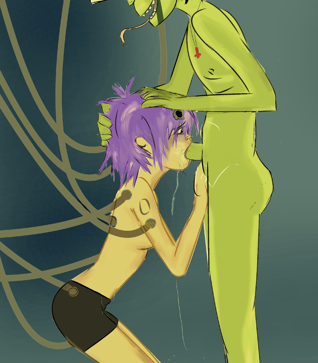 1boy 1girls breasts cyborg cyborg_noodle drool fellatio female gorillaz green_skin male murdoc_niccals noodle_(gorillaz) nude nudity oral oral_sex penis purple_hair sex sideboob straight tongue_out topless upside_down_cross