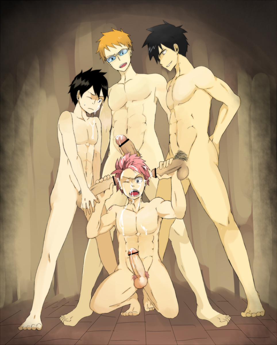 4boys abs black_hair blonde_hair blue-tinted_eyewear bukkake censor_bar censored cum cum_dripping cum_on_cheek cum_on_chest cum_on_face cum_on_hair dual_handjob erection fairy_tail gay glasses gray_fullbuster holding_penis kneeling/standing loke_(fairy_tail) male male/male male_only mouth_open natsu_dragneel no_nipples nude one_eye_closed pecs penis_size_difference pink_hair pointless_censoring romeo_conbolt size_difference sunglasses tinted_eyewear yaoi