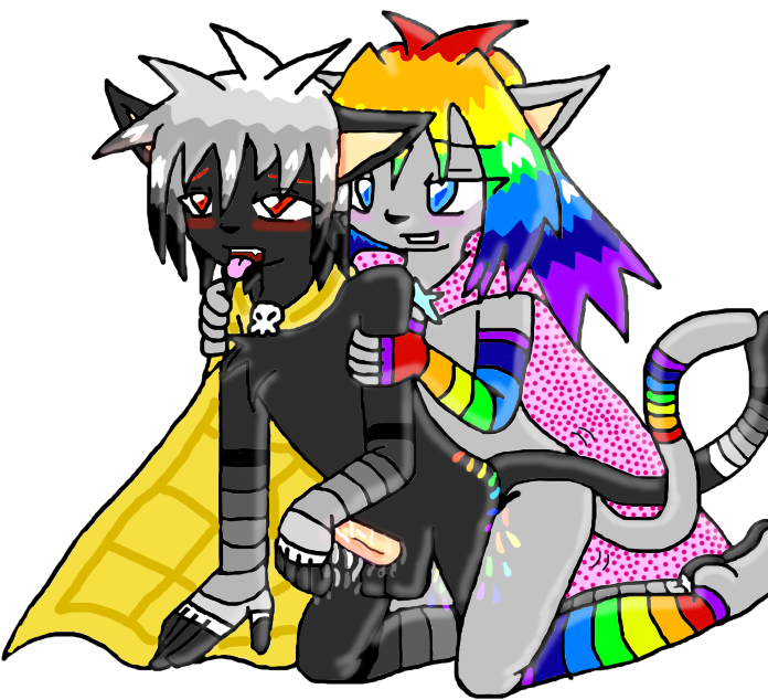 2012 2boys 2d 2d_(artwork) anthro black_fur black_hair blue_eyes blushing cape ears feline furry furry_only gloves gradient_hair grey_fur grey_gloves grey_hair grey_stockings long_hair male/male meme nyan_cat pink_cape rainbow_gloves rainbow_hair rainbow_stockings red_eyes short_hair stockings tac_nayn tagme tongue_out white_hair yaoi yellow_cape