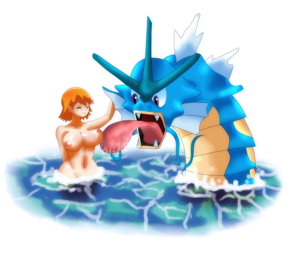 breast_lick breasts chelostracks color female feral fins generation_1_pokemon gyarados gym_leader human in_water interspecies kasumi_(pokemon) licking licking_breast nintendo nipples nude orange_hair pokemon pokemon_rgby pokephilia sea_serpent size_difference smiling tongue tongue_out white_background